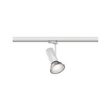 Weißer LED-Strahler aus Metall an Schienensystem für flexible Beleuchtung im Innenraum