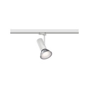 Weißer LED-Strahler aus Metall an Schienensystem für flexible Beleuchtung im Innenraum