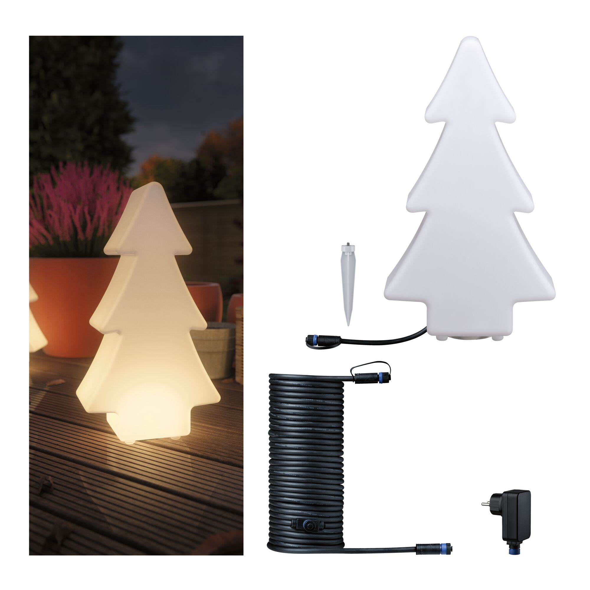 Plug & Shine Set LED Lichtobjekt Tree inkl. 10m-Kabel und Trafo Weißer LED-Weihnachtsbaum aus Kunststoff mit Kabel und Erdspieß für stimmungsvolle Außenbeleuchtung