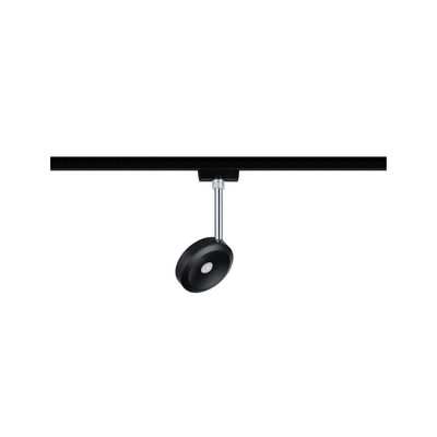 Black round LED track spotlight with silver rod for modern indoor lighting solutions