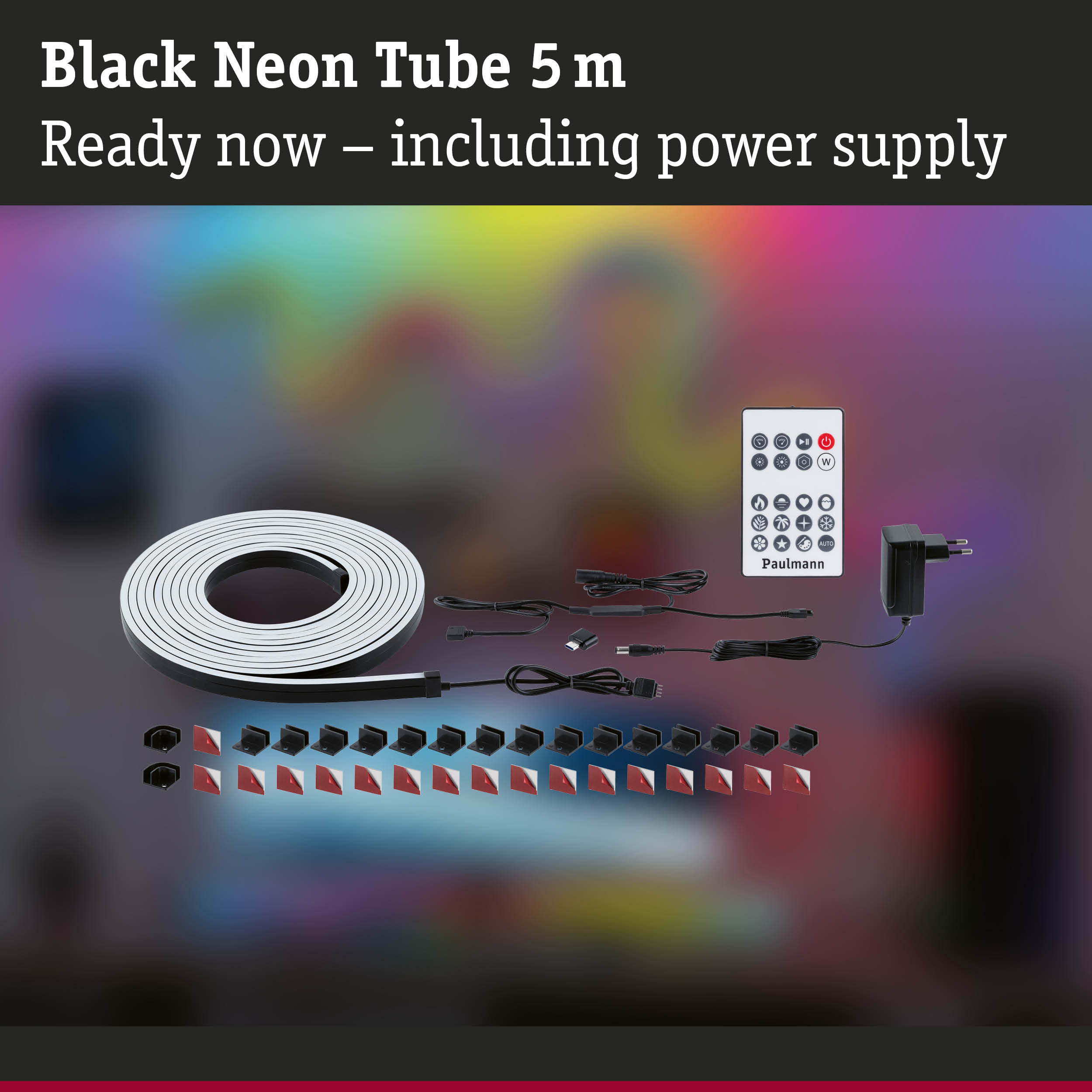 Black 5 m neon LED tube with remote and power supply, flexible lighting strip for rooms