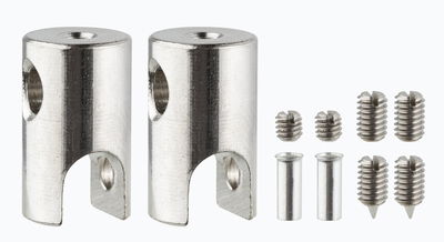 Two silver metal connectors with screws and sleeves made of stainless steel for lighting accessories.