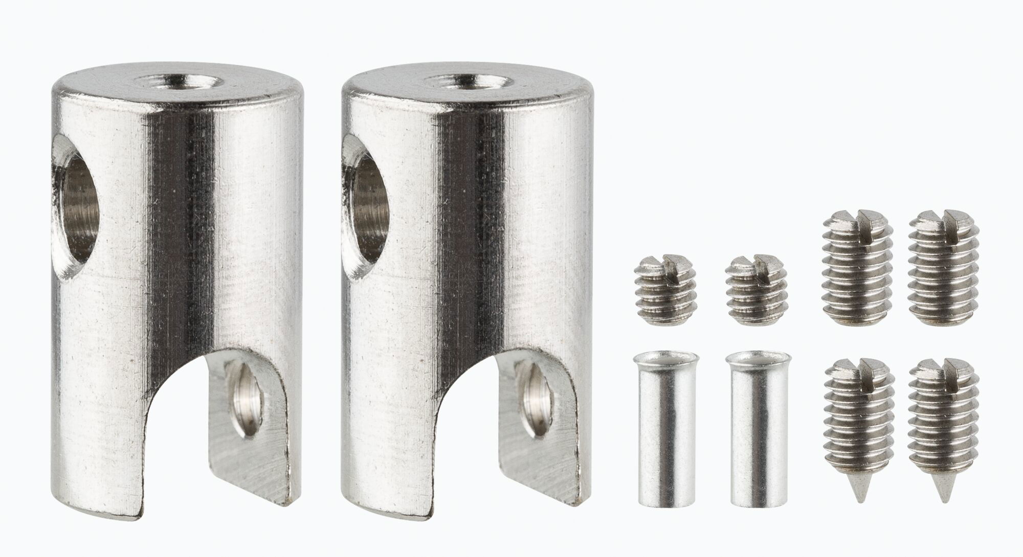 Two silver metal connectors with screws and sleeves made of stainless steel for lighting accessories.