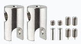 Two silver metal connectors with screws and sleeves made of stainless steel for lighting accessories.