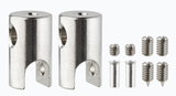 Two silver metal connectors with screws and sleeves made of stainless steel for lighting accessories.