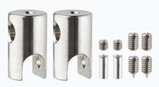 Two silver metal connectors with screws and sleeves made of stainless steel for lighting accessories.