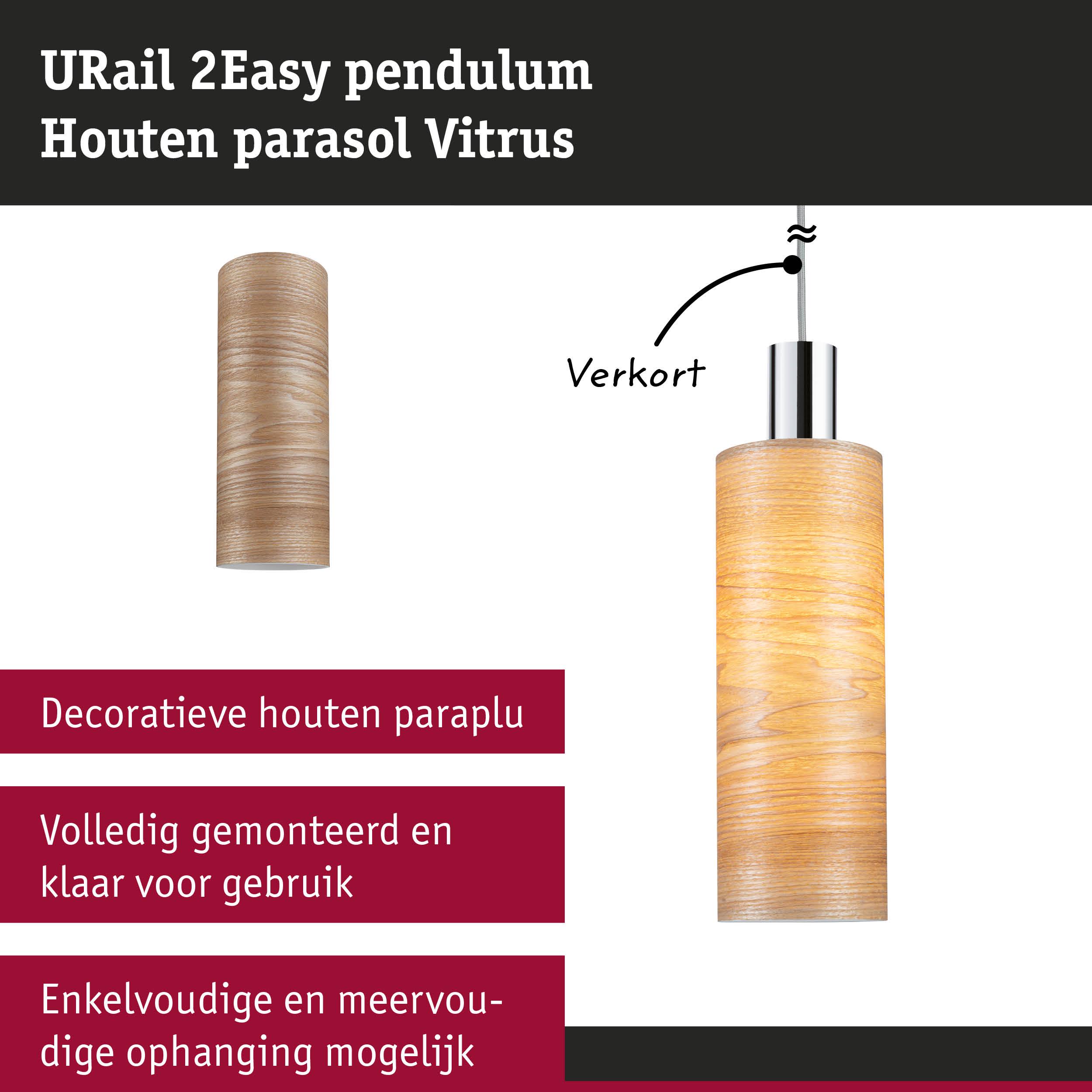 URail 2Easy pendel met decoratieve houten kap in lichte houtkleur voor railsystemen