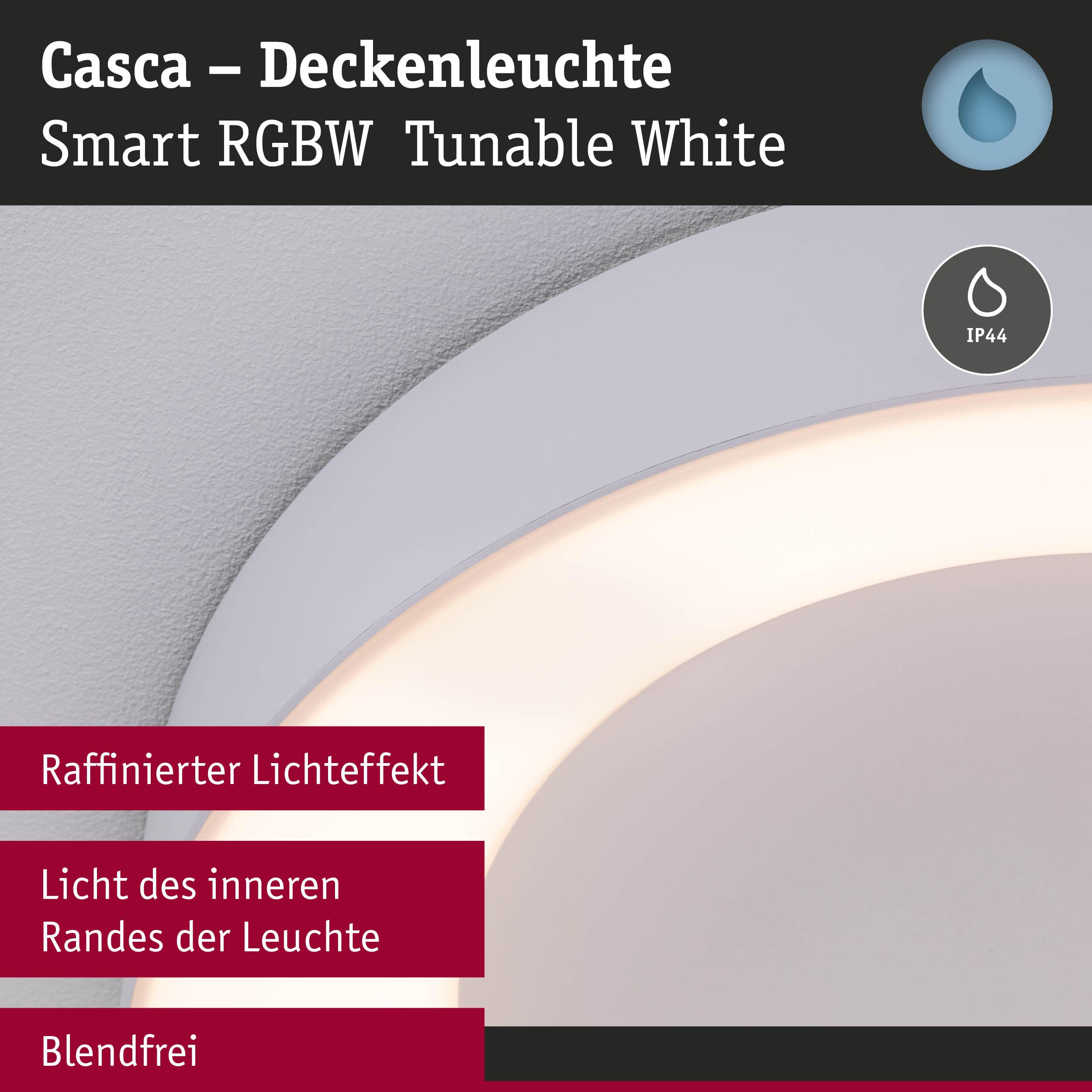 Weiße Casca Deckenleuchte aus Kunststoff mit smartem RGBW Licht und blendfreiem Effekt