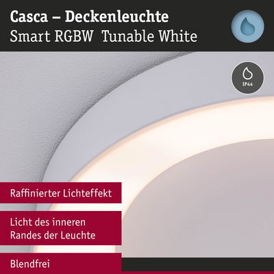 Weiße Casca Deckenleuchte aus Kunststoff mit smartem RGBW Licht und blendfreiem Effekt