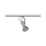 Silberner LED-Strahler aus Metall an Schienensystem für flexible Beleuchtung im Innenraum