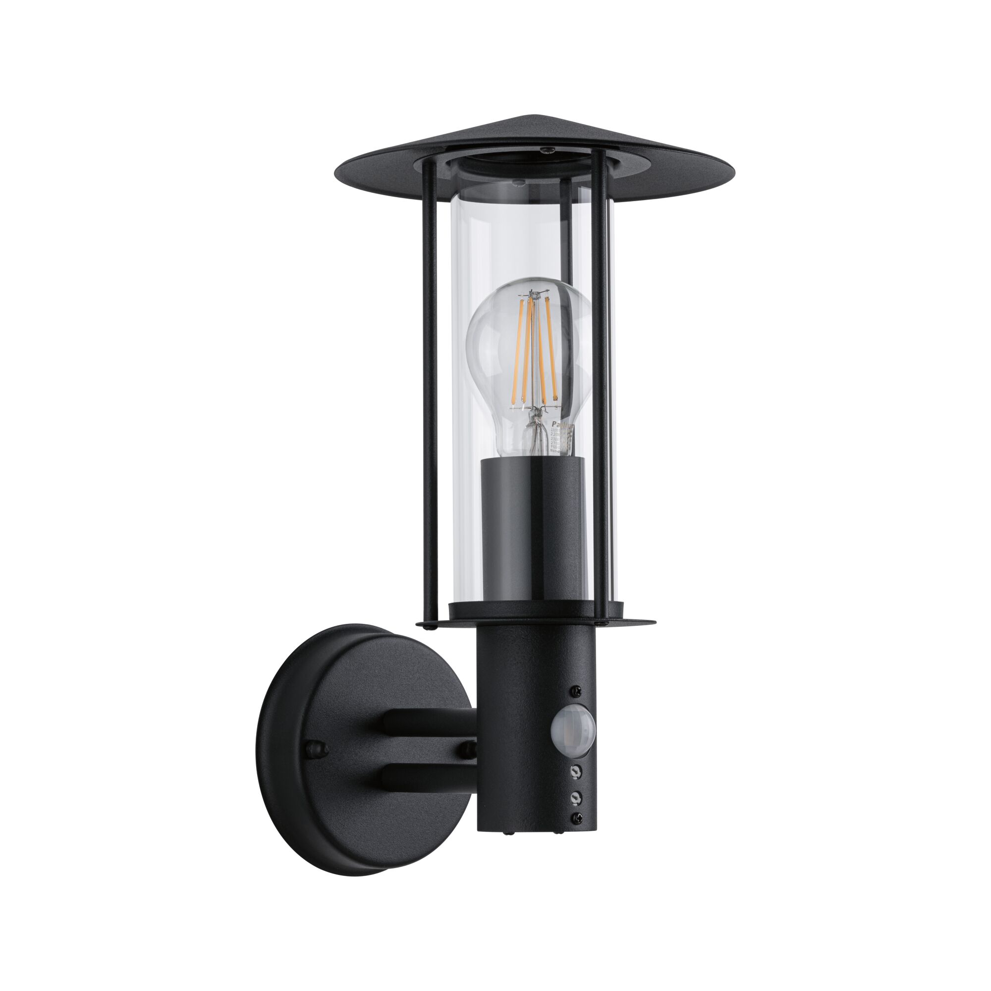 Black metal outdoor wall light with clear glass and motion sensor for garden lighting