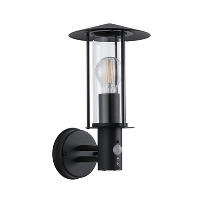 Black metal outdoor wall light with clear glass and motion sensor for garden lighting