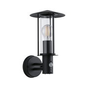 Schwarze Außenwandleuchte aus Metall mit klarem Glas und sichtbarer LED-Filamentlampe für Gartenbeleuchtung