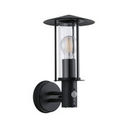 Schwarze Außenwandleuchte aus Metall mit klarem Glas und sichtbarer LED-Filamentlampe für Gartenbeleuchtung