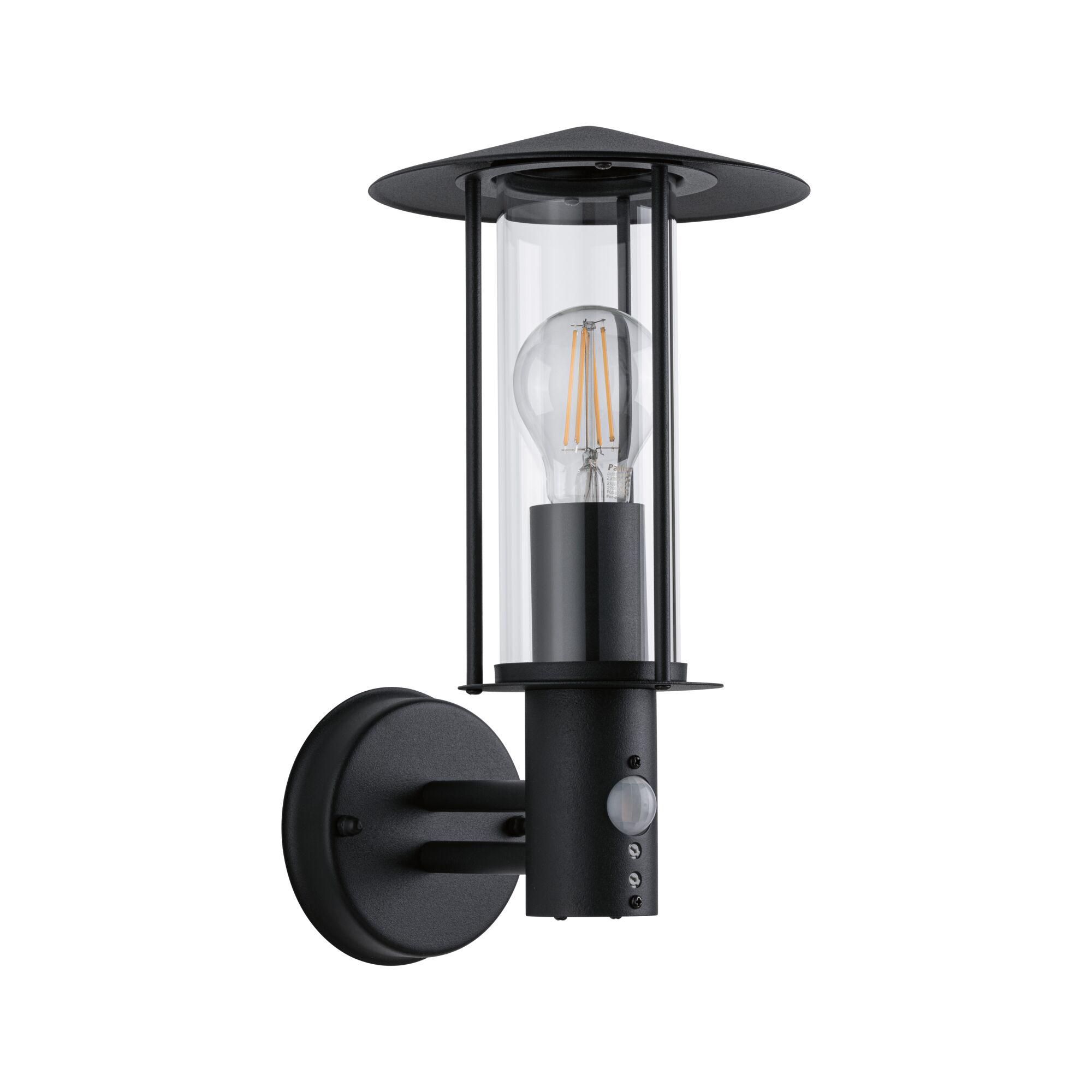 Schwarze Außenwandleuchte aus Metall mit klarem Glas und sichtbarer LED-Filamentlampe für Gartenbeleuchtung