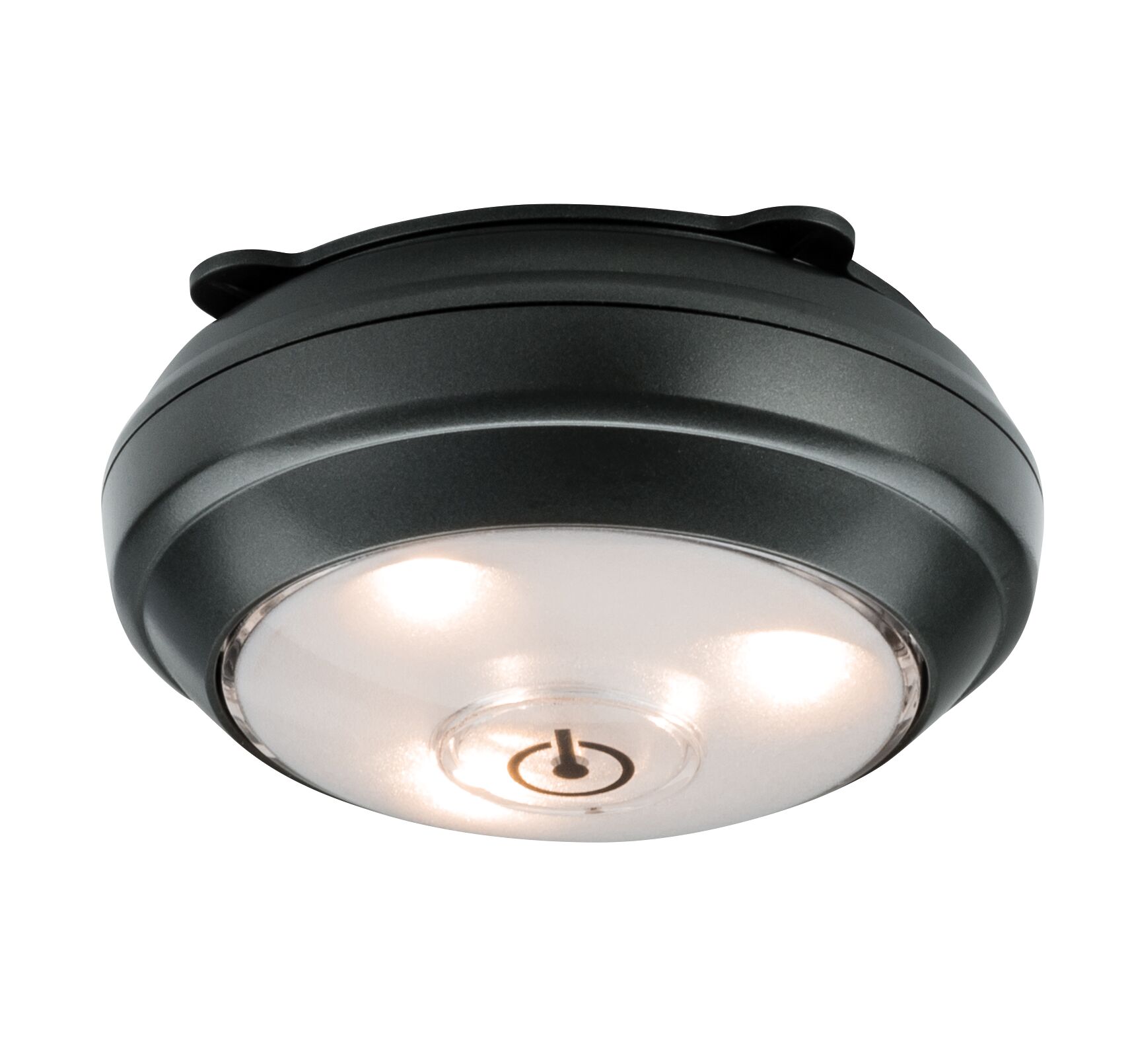 Round black plastic LED ceiling light with built-in power button and warm white illumination