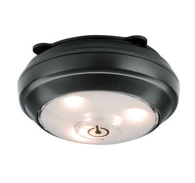 Round black plastic LED ceiling light with built-in power button and warm white illumination