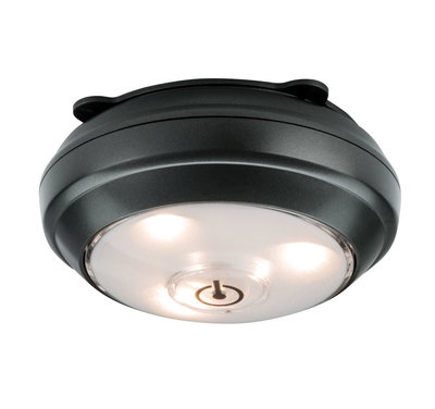 Runde LED-Deckenleuchte aus schwarzem Kunststoff mit integriertem Ein-/Ausschalter und warmweißem Licht