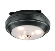 Runde LED-Deckenleuchte aus schwarzem Kunststoff mit integriertem Ein-/Ausschalter und warmweißem Licht