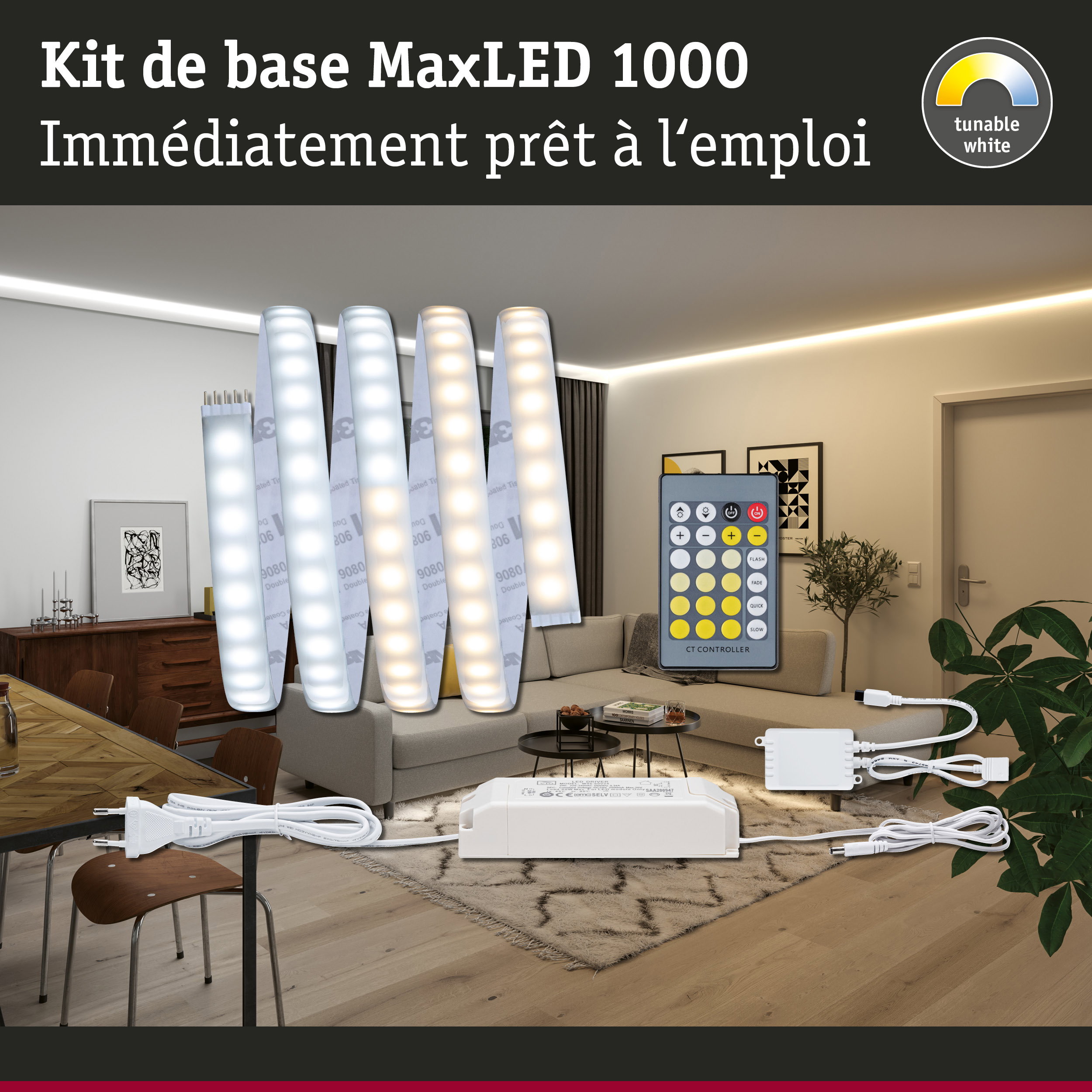 Kit de base MaxLED 1000 avec bandes LED blanches réglables et télécommande pour éclairage intérieur