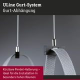 ULine Gurt-System mit grauem Textilgurt und schwarzer Halterung für Pendelmontage in hohen Räumen