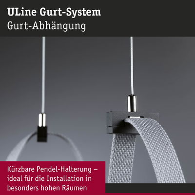 ULine Gurt-System mit grauem Textilgurt und schwarzer Halterung für Pendelmontage in hohen Räumen