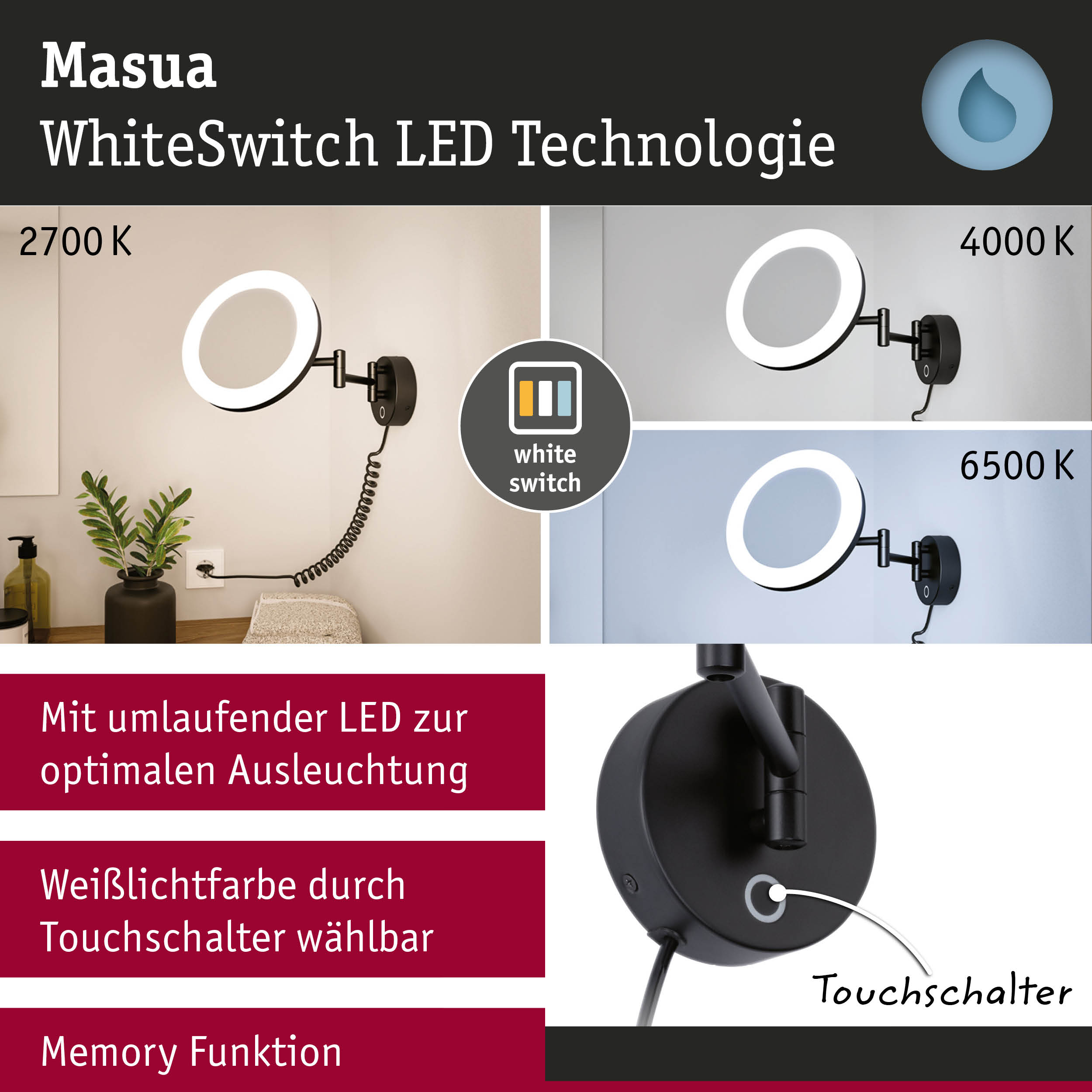 Masua WhiteSwitch LED-Wandleuchte in Schwarz mit einstellbarer Farbtemperatur 2700K bis 6500K