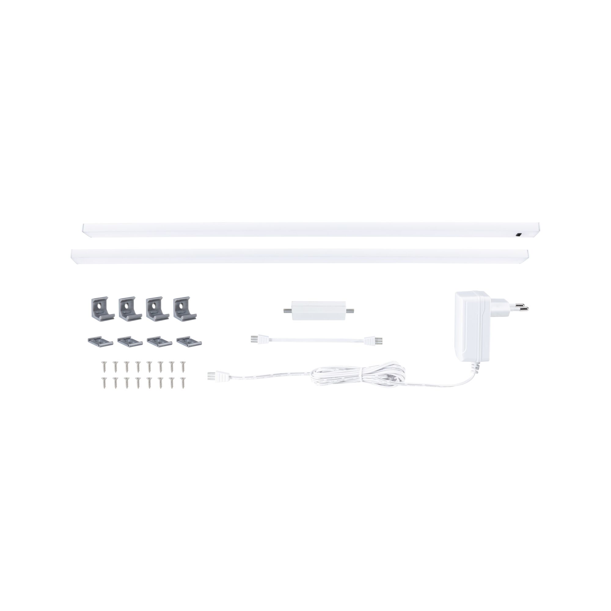 White LED under-cabinet lighting set with two bars, power supply, plugs, and mounting hardware for kitchen lighting