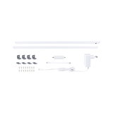 White LED under-cabinet lighting set with two bars, power supply, plugs, and mounting hardware for kitchen lighting