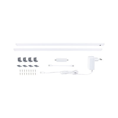 White LED under-cabinet lighting set with two bars, power supply, plugs, and mounting hardware for kitchen lighting