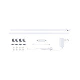 White LED under-cabinet lighting set with two bars, power supply, plugs, and mounting hardware for kitchen lighting