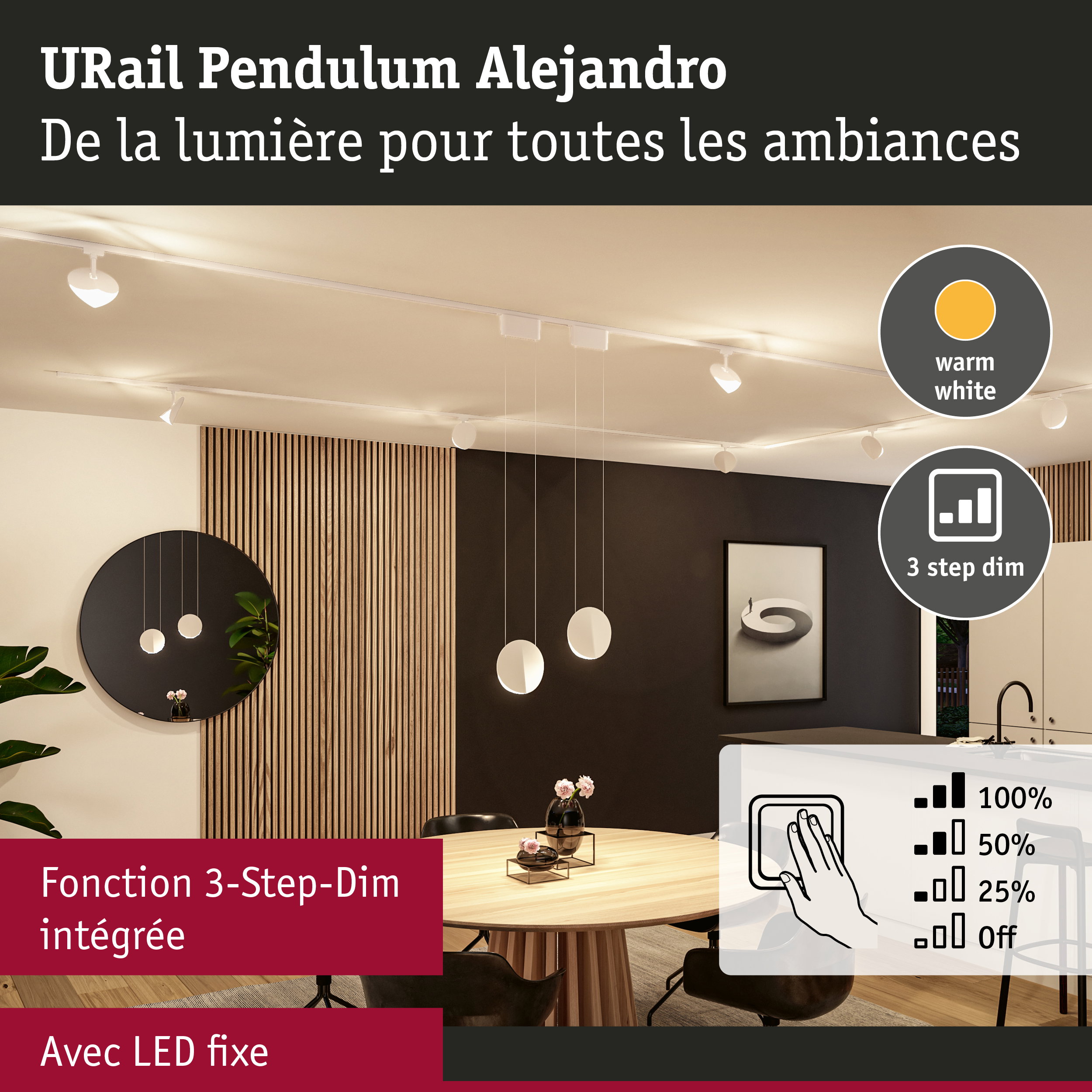 Suspension URail Pendulum Alejandro blanche avec LED fixe et fonction 3-Step-Dim intégrée, lumière blanc chaud