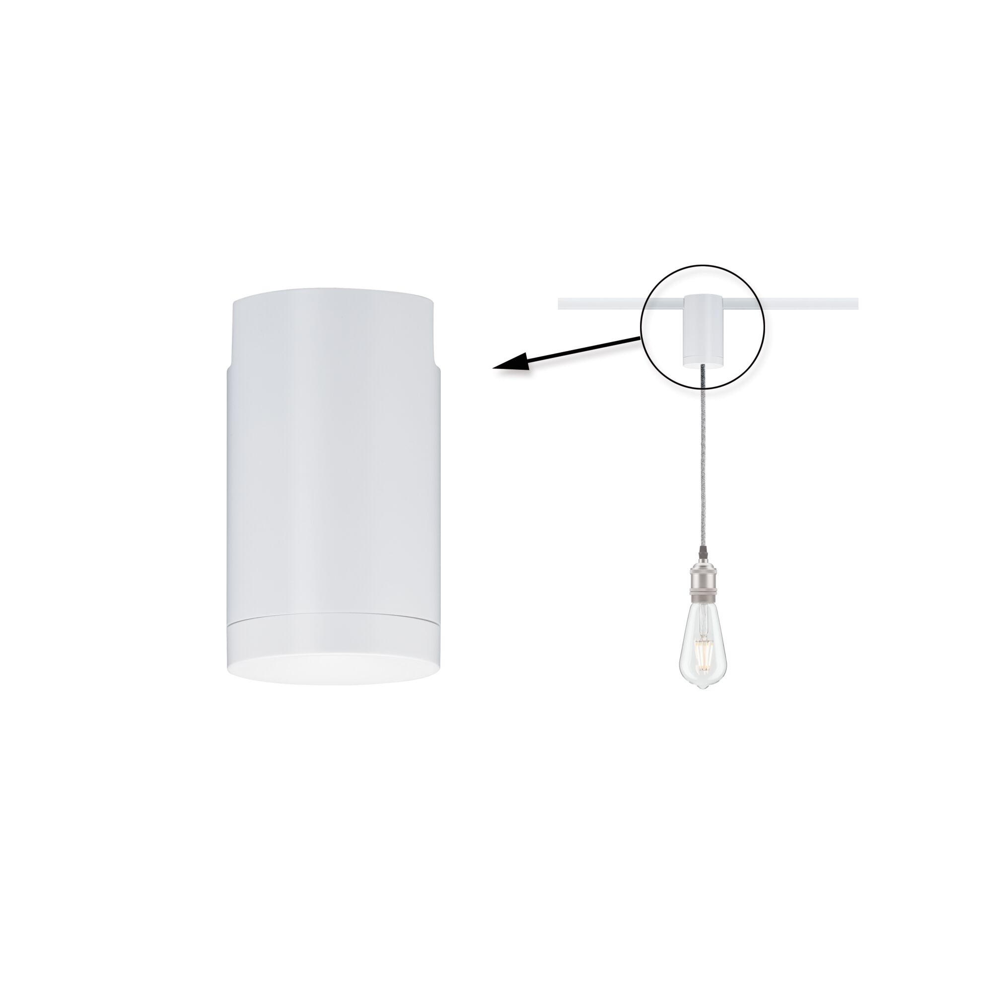 URail Adaptateur de suspension Universal 230V Blanc Luminaire de plafond cylindrique blanc en métal avec ampoule visible et suspension par câble