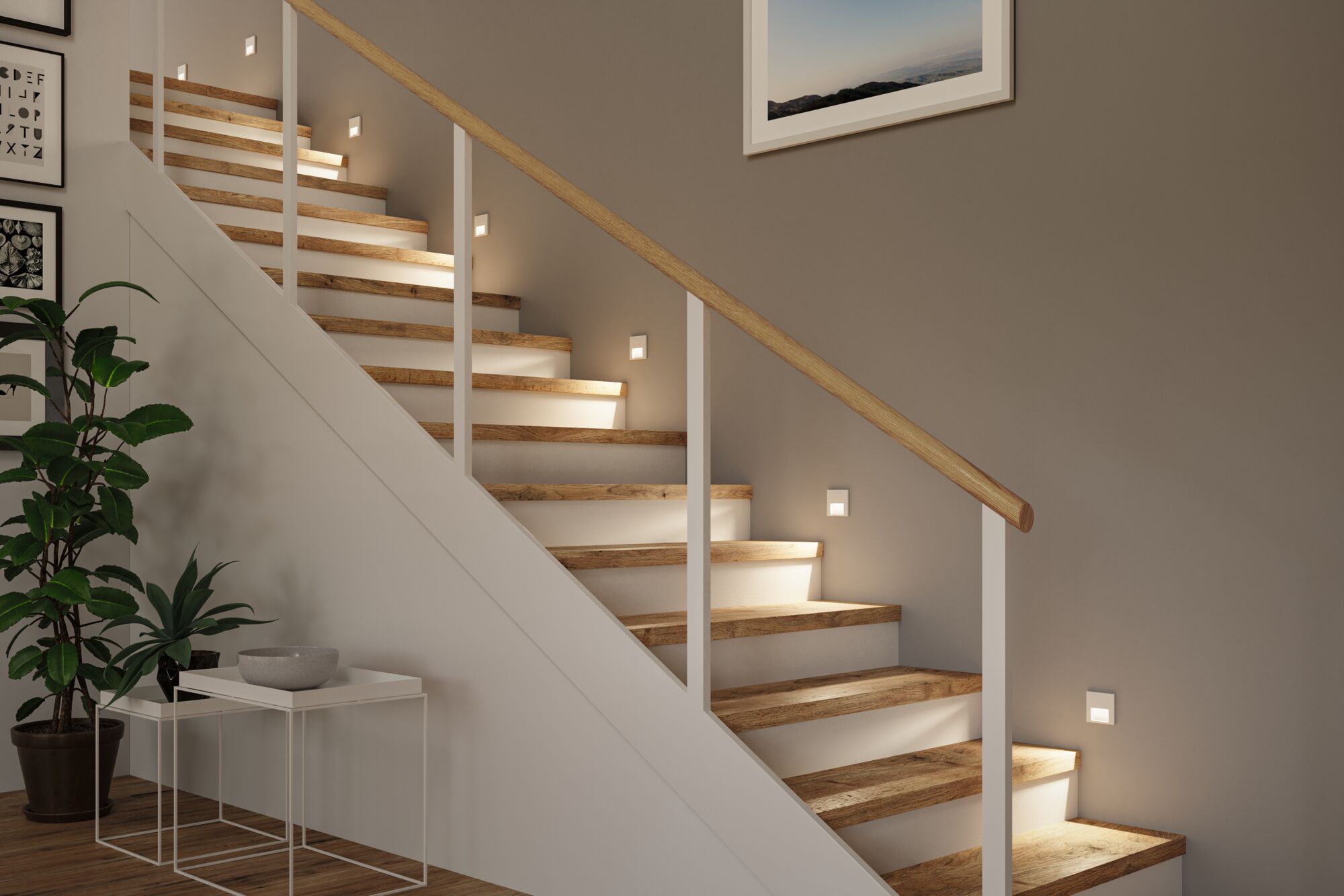 Modern staircase with wooden steps and white LED wall lights providing ambient hallway lighting