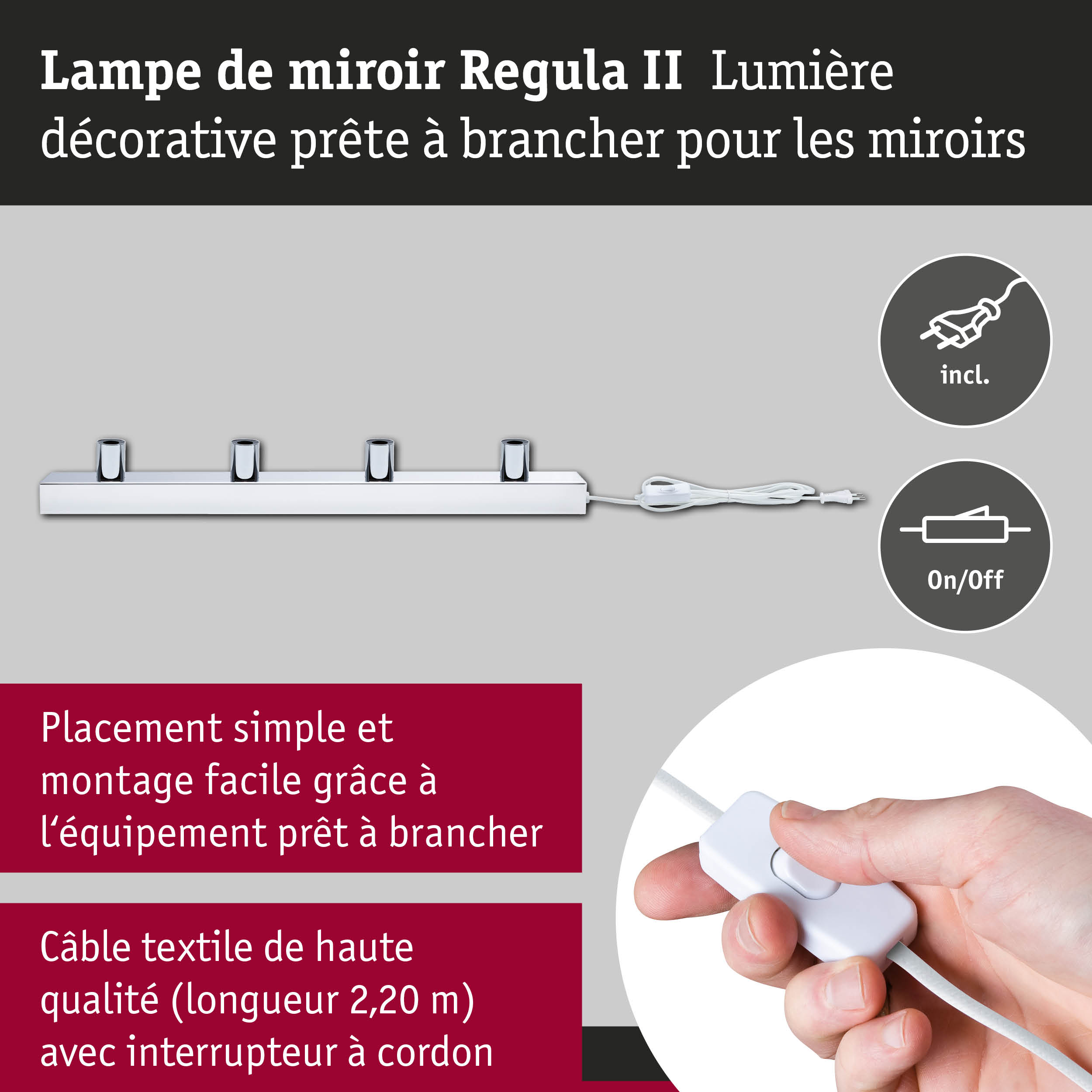 Lampe de miroir Regula II en chrome avec quatre douilles et câble textile blanc avec interrupteur