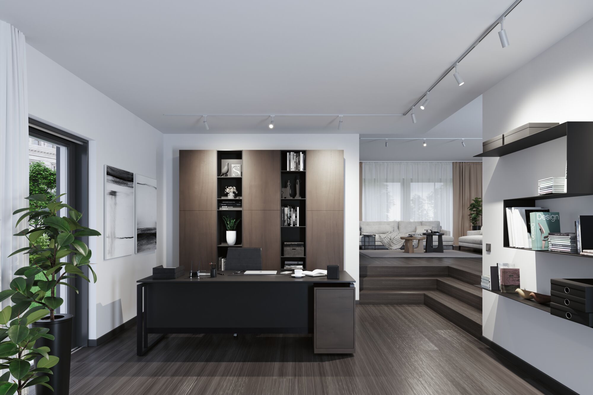 Modern office with black desk, brown wood shelving and LED track lights for efficient room lighting