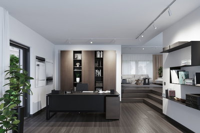 Modern office with black desk, brown wood shelving and LED track lights for efficient room lighting