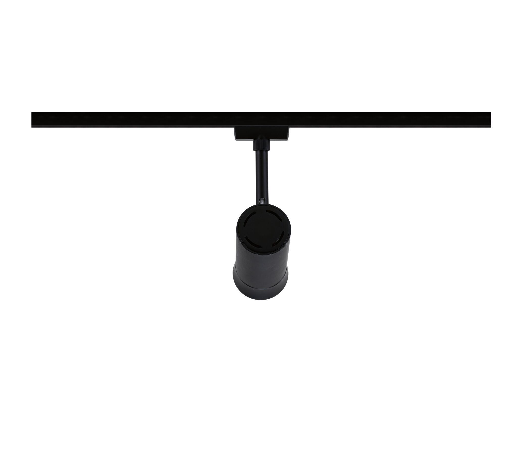 Black metal LED track light with cylindrical spotlight for modern indoor lighting solutions