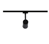 Black metal LED track light with cylindrical spotlight for modern indoor lighting solutions