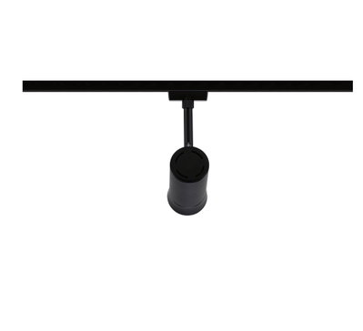 Black metal LED track light with cylindrical spotlight for modern indoor lighting solutions