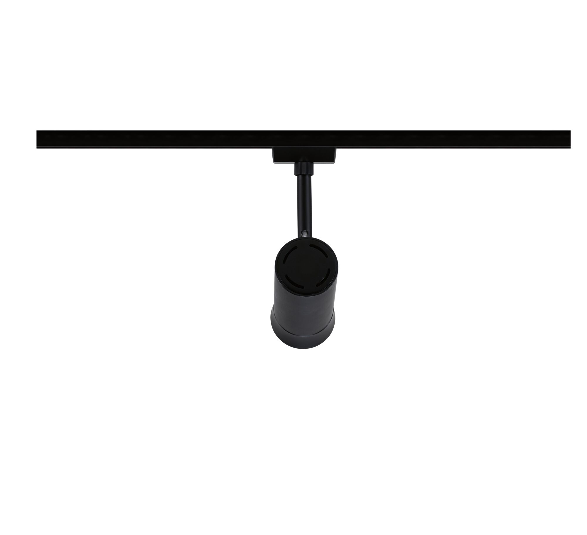 Black metal LED track light with cylindrical spotlight for modern indoor lighting solutions