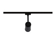 Black metal LED track light with cylindrical spotlight for modern indoor lighting solutions