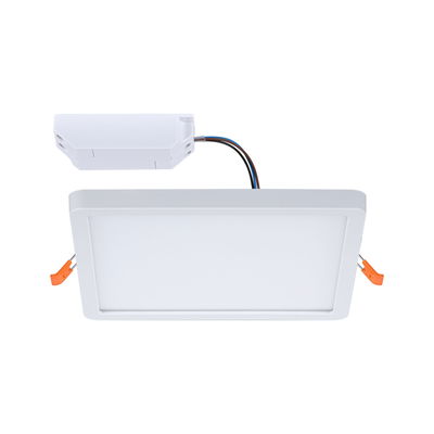 Rechthoekig wit LED-inbouwpaneel met driver en oranje klemmen voor plafondmontage