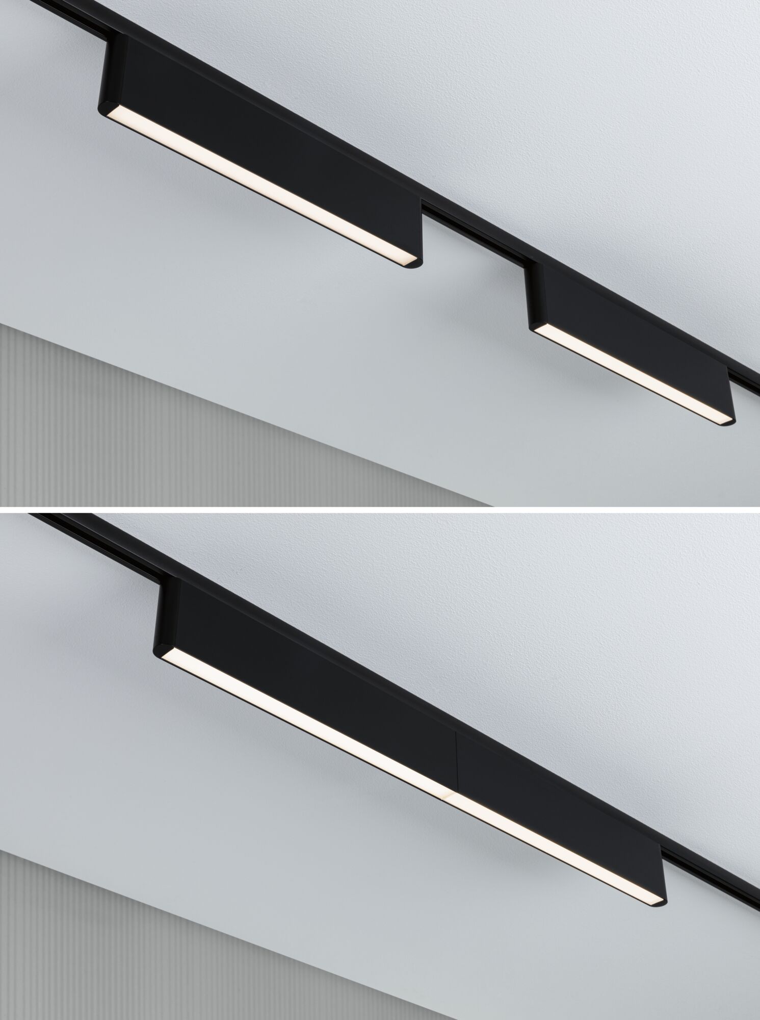 Black metal LED track light with two rectangular fixtures mounted on white ceiling for modern lighting