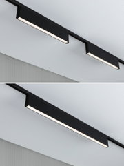 Black metal LED track light with two rectangular fixtures mounted on white ceiling for modern lighting