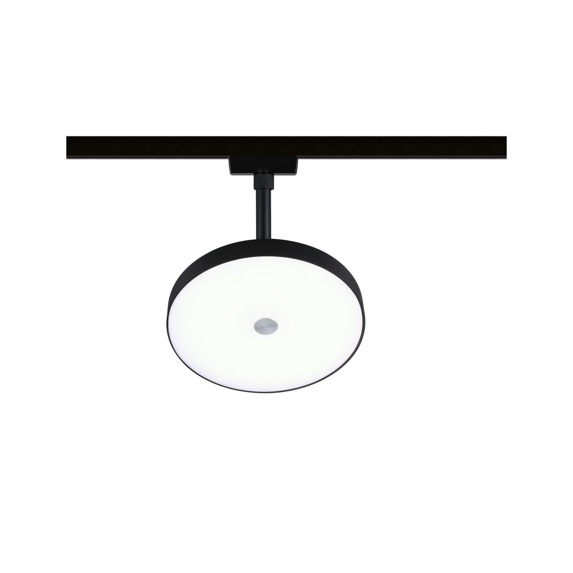 Rund LED-loftlampe med sort metalramme og hvid diffusor til moderne indendørs belysning