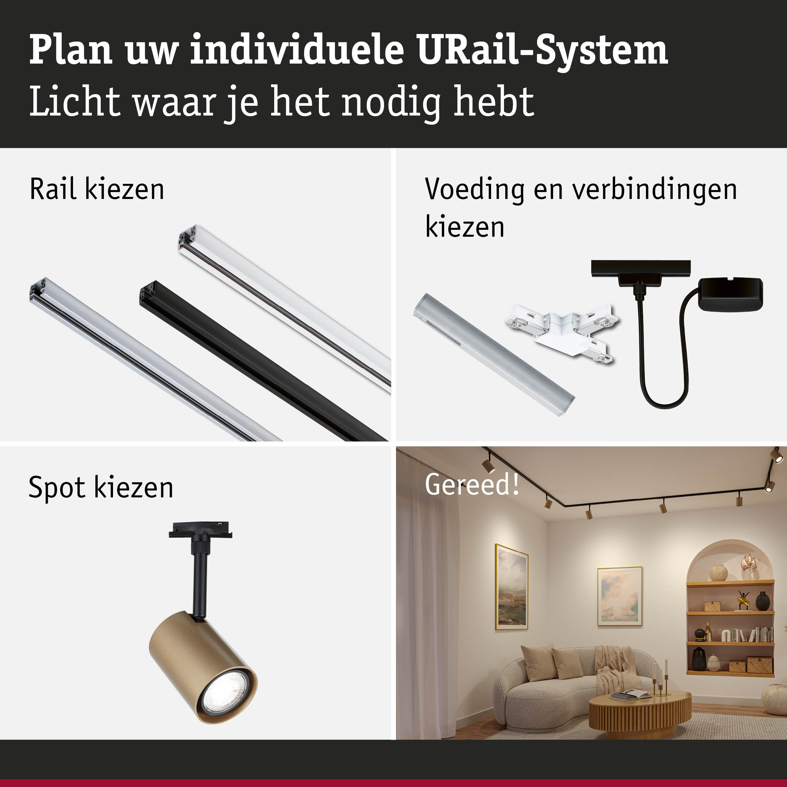 Modulair URail-systeem met witte en zwarte rails, verbindingsstukken en gouden spotlicht voor woonverlichting