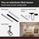 Modulair URail-systeem met witte en zwarte rails, verbindingsstukken en gouden spotlicht voor woonverlichting