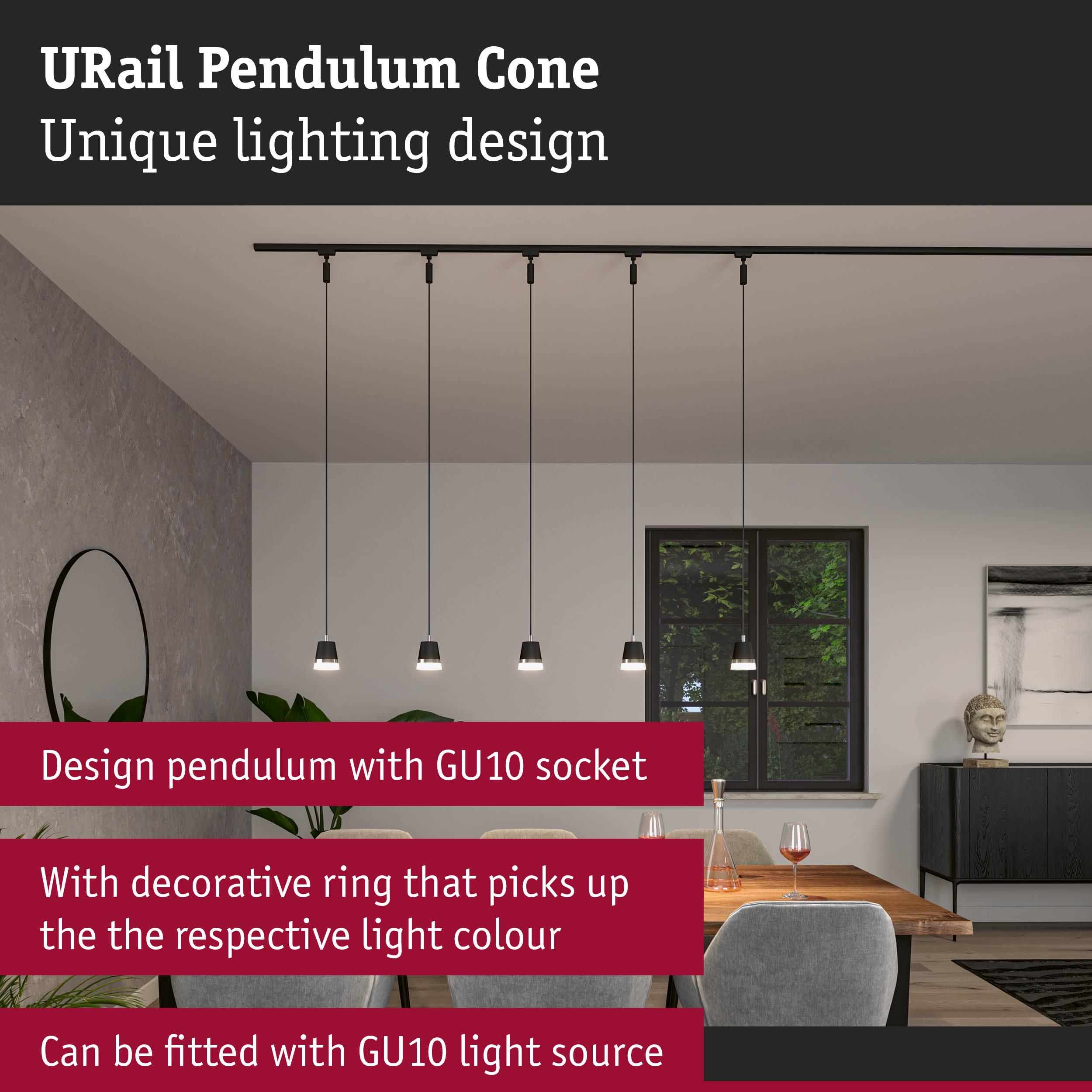 URail Pendulum Cone black pendant lights with GU10 socket above dining table in modern dining room