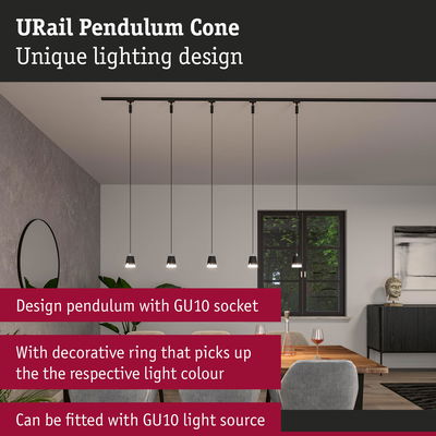 URail Pendulum Cone black pendant lights with GU10 socket above dining table in modern dining room